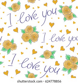 Love Wedding on White Background. Thin Line Valentine Day seamless pattern. Vector Website Design and seamless Background in Trendy Modern Line Style in yellow and violet Colors.