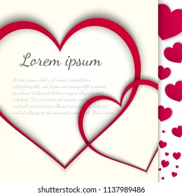 Love or wedding paper card. Two hearts frames interlocking. Place for your text in a big red frame. High quality vector illustration. Template banner poster flyer. Valentines day love card.