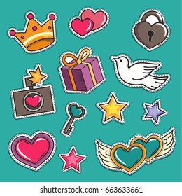 Love and wedding patch badges elements. Vector template illustration. Heart, ring, marriage union and other love items.