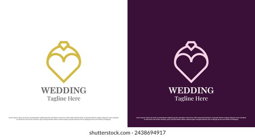 Love wedding ring logo icon. Gem shapes, diamond jewelry treasures couples heart dating marriage. Simple abstract beauty fashion gemstone minimal minimalist elegant luxury illustration design symbol.