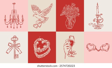 Love and wedding sketch style illustration set.