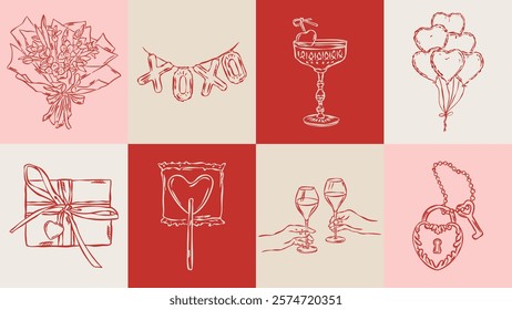 Love and wedding sketch style illustration set.