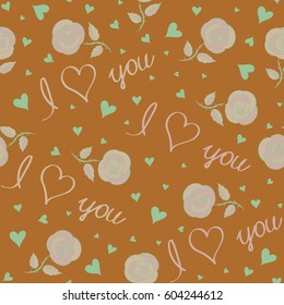 Love Wedding, Love Text, Hearts, Rose Flower. Thin Line Valentine Day seamless pattern in brown and beige Colors. Vector Website Design and seamless pattern in Trendy Modern Line Style.