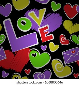 Love Wedding, Love Text, Hearts. Thin Line Valentine Day seamless pattern in black, violet and red Colors. Vector Website Design and seamless pattern in Trendy Modern Line Style.