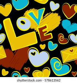 Love Wedding, Love Text, Hearts. Thin Line Valentine Day seamless pattern in yellow and brown Colors. Vector Website Design and seamless pattern on Black Background in Trendy Modern Line Style.