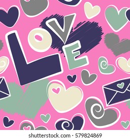 Love Wedding, Love Text, Hearts. Thin Line Valentine Day seamless pattern in. Vector Website Design and seamless pattern on pink Background in Trendy Modern Line Style.