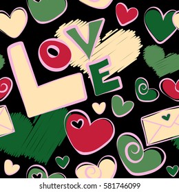 Love Wedding, Love Text, Hearts. Thin Line Valentine Day seamless pattern in green and red Colors. Vector Website Design and seamless pattern on Black Background in Trendy Modern Line Style.
