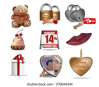 Love Wedding and Valentine's Day decoration design elements. Set realistic vector icons for Valentine's Day.