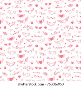 Love Wedding Vector Background. Beautiful Doodle Heart tattoo. Hearts with Wings Seamless pattern. Valentines Day. Hand drawn illustration