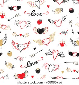 Love Wedding Vector Background. Beautiful Doodle Heart tattoo. Hearts with Wings Seamless pattern. Valentines Day. Hand drawn illustration