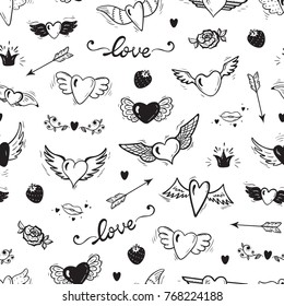 Love Wedding Vector Background. Beautiful Doodle Heart tattoo. Hearts with Wings Seamless pattern. Valentines Day. Hand drawn illustration
