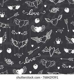 Love Wedding Vector Background. Beautiful Doodle Heart tattoo. Hearts with Wings Seamless pattern. Valentines Day. Hand drawn illustration