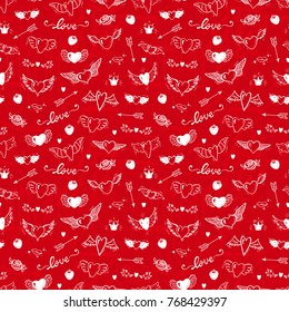 Love Wedding Vector Background. Beautiful Doodle Heart tattoo. Hearts with Wings Seamless pattern. Valentines Day. Hand drawn illustration