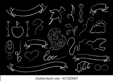 Love and wedding vector clipart, white chalk on black wedding clipart, hand-drawn chalkboard for love letters, wedding invitation decor, chalk ribbon banner, heart, flower, text frame, ar deco decor