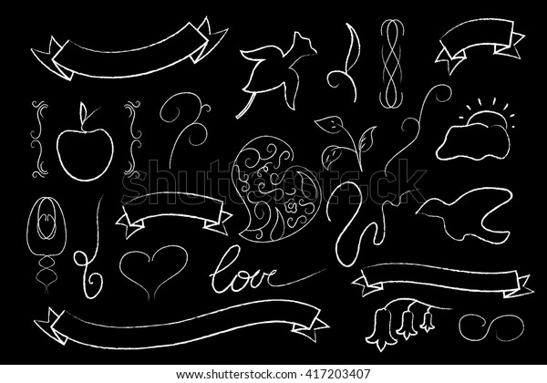 Love and wedding vector clipart, white chalk on\
black wedding clipart, hand-drawn chalkboard for love letters,\
wedding invitation decor, chalk ribbon banner, heart, flower, text\
frame, ar deco decor