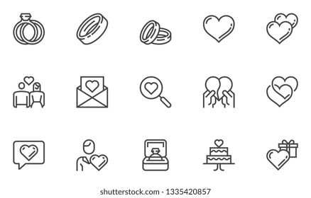 Love and Wedding Vector Line Icons Set. Matrimony, Happy Couple, Valentine's Day, Romantic Relationship, Love Affair. Editable Stroke. 48x48 Pixel Perfect.