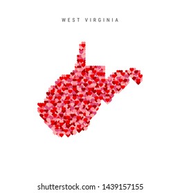 I Love West Virginia. Red and Pink Hearts Pattern Vector Map of West Virginia Isolated on White Background.