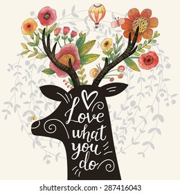 Love what you do. Incredible deer silhouette with awesome flowers in horns. Lovely spring concept design in vector. Sweet deer and flowers made in watercolor technique
