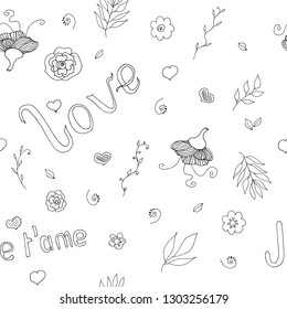 love white and black seamless pattern with hand drawn doodles for valentine