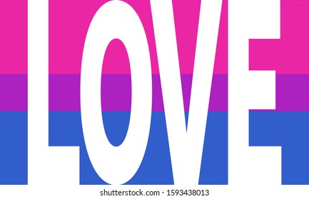 Love white text on background flag Pride. LGBTQA. Vector stock illustration. Inspirational Bisexual Pride poster. Rights concept. Rainbow horizontal background. Banner. Poster.