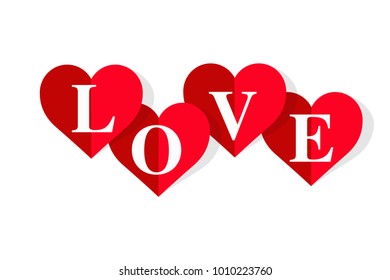 Love white text on red hearts. Template for greeting card for saint Valenine's day. Eps vector illustration.