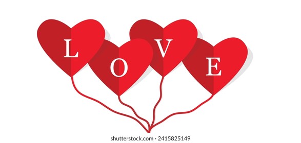 Love white text on red hearts balloons. Template for greeting card for saint Valentine's day. Eps vector illustration.