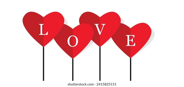 Love white text on red hearts balloons. Template for greeting card for saint Valentine's day. Eps vector illustration.