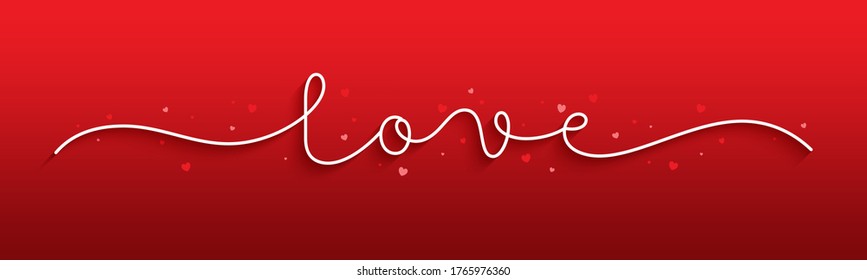LOVE white vector monoline calligraphy banner with hearts on red background