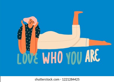 Love Who You Are Inspirational Text Quote Card With Chilling And Smiling Women Character