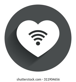 Love Wifi sign. Wi-fi symbol. Wireless Network icon. Wifi zone. Circle flat button with shadow. Modern UI website navigation. Vector