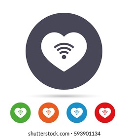 Love Wifi sign. Wi-fi symbol. Wireless Network icon. Wifi zone. Round colourful buttons with flat icons. Vector