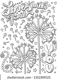 Love will find you font with Flower elements. Hand drawn with inspiration word. Doodles art for Valentine's day or Greeting Cards. Coloring for adult and kids. Vector Illustration