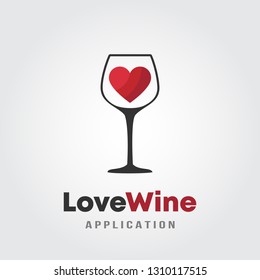 Love wine logo template design.  A glass of wine with red heart icon on white background vector illustration for wineries, bar and restaurants.