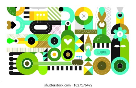 Love, Wine and Music. Abstract art design of wine bottles and music instruments isolated on a white background. Geometric style graphic illustration.