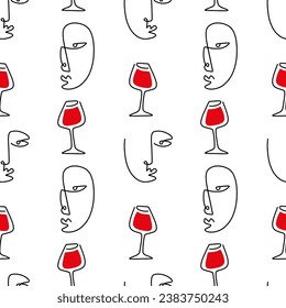 Love wine one line faces minimalistic brush grunge abstract alcohol party glass seamless pattern. Vector illustration. Modern contemporary art, trendy continuous drawing. Artistic linear drinks menu