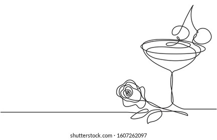 Love, wine and rose flower. Continuous line drawing. Vector sketch. Alcoholic cocktail with cherry