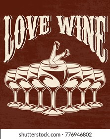 Love wine. Vector hand drawn placrad with illustration of girl in glass.  Tattoo artwork made in 90's style. Template for card, poster, banner, print for t-shirt, textiles, badge, sticker, pin.