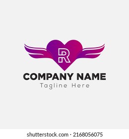 Love Wing Logo on Letter R Sign. Love and wing Icon with Logotype Concept