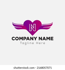 Love Wing Logo on Letter N Sign. Love and wing Icon with Logotype Concept