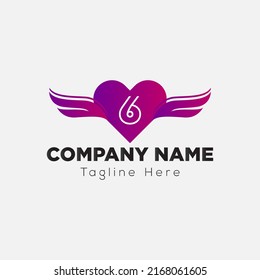 Love Wing Logo on Letter 6 Sign. Love and wing Icon with Logotype Concept