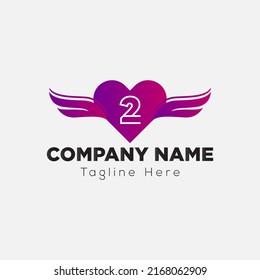 Love Wing Logo on Letter 2 Sign. Love and wing Icon with Logotype Concept