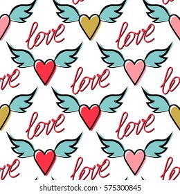 Love and winged hearts. Seamless vector pattern.
