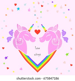 Love wings. Cute template with pink unicorns with wings, heart. Text copy frame template. It can be used for wedding, invitation, birthday, St. Valentine's Day, party, child birth, greetings. Vector