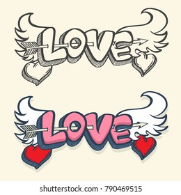 Love with wings and hearts. Concept of a print for a greeting card, t-shirts, pillows. Vector illustration.