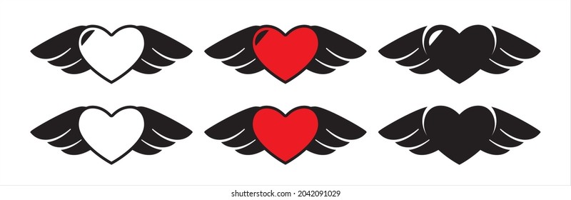 Love with wings icon set. Winged heart vector icons set. Heart fly vector stock illustration. Love heart in the air romantic symbol.