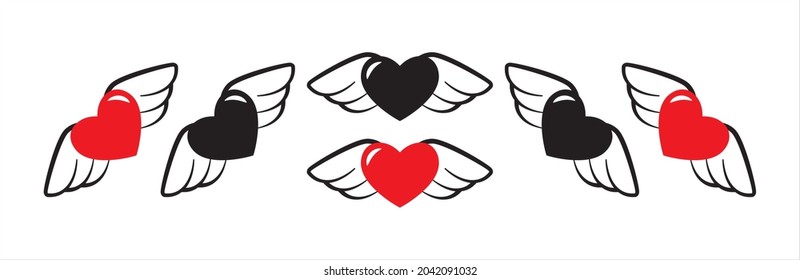 Love with wings icon set. Winged heart vector icons set. Heart fly vector stock illustration. Love heart in the air romantic symbol.