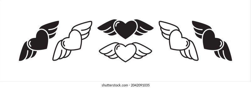 Love with wings icon set. Winged heart vector icons set. Heart fly vector stock illustration. Love heart in the air romantic symbol.