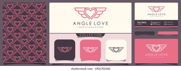 love and wings logo with set of pattern and business card design template.