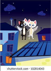 Love wings. The vector illustration of two kitties in love.
