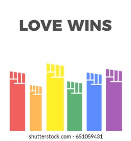 Love Wins concept. Conceptual vector illustration and poster design for celebration of LGBTI rights and parades with rainbow colors. Vector illustration of hand raised high.